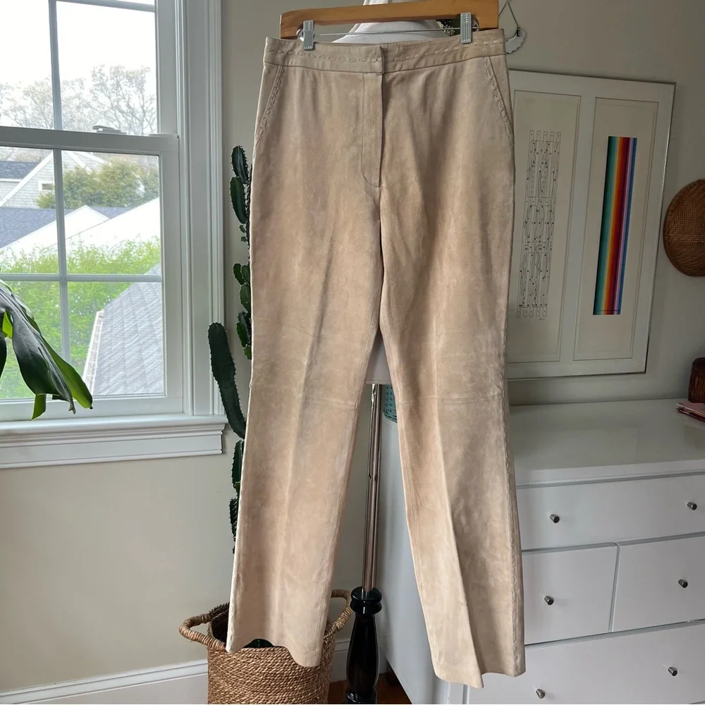 Bernardo Suede Leather Pants with Whipstitch Detailing Women's Size 8 Color Sand